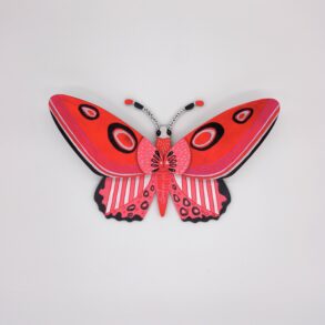 mariposa roja y rosa frente atelier de cosillas